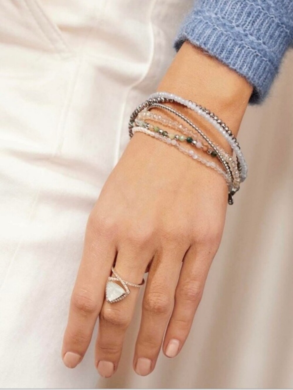 Stella & Dot Collector's Box Stretch Trio Bracelet Set New Silver Tone